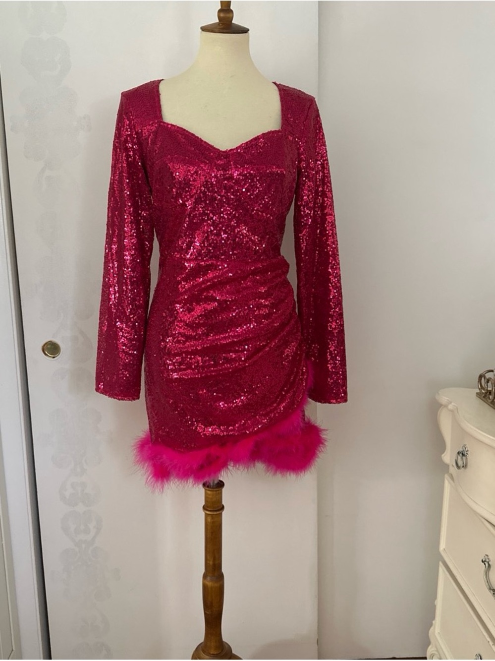 Women’s Fuchsia Sequin Long Sleeve Mini Dress with Feather Trim